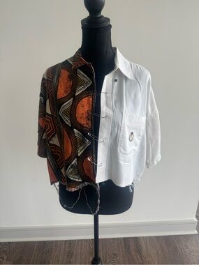 White and Rust-Accented Mixed Fabric Shirt Jacket